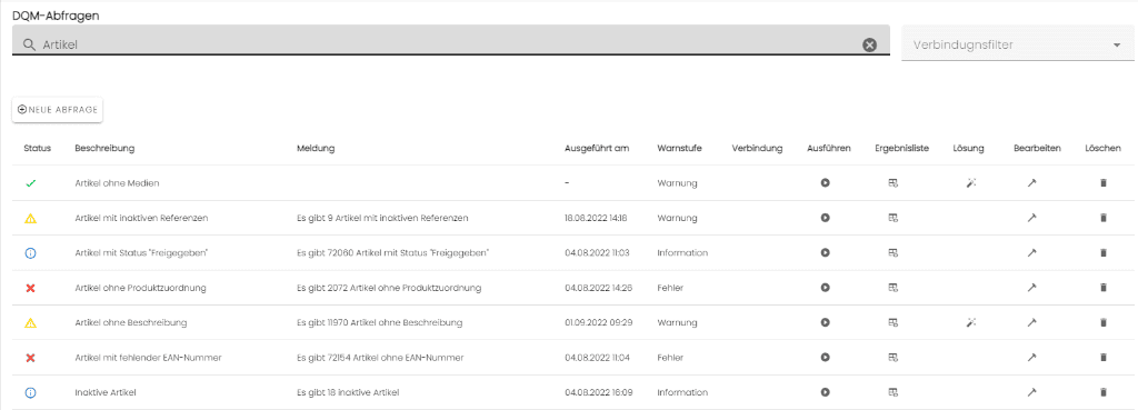 Abfrageliste mit Filter DQM Data Quality Management DQT Data Quality Tool