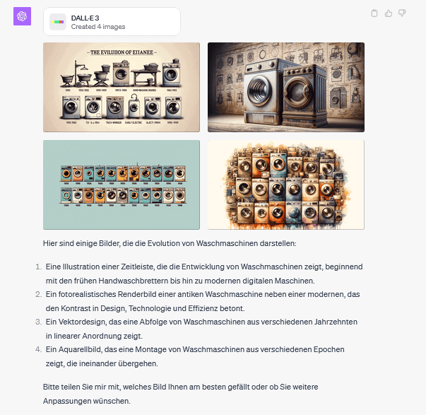 Screenshot einer KI-Antwort von Dall-E in ChatGPT zu einem Prompt bezüglich der Bild-Generierung, die die Evolution von Waschmaschinen darstellen soll