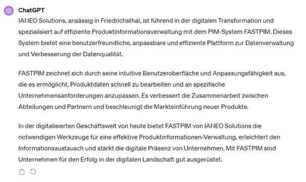 Screenshots der KI-Antwort von ChatGPT auf einen Prompt zum Thema Produkttext für FASTPIM
