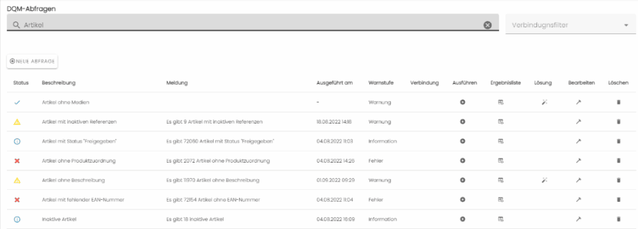 Screenshot aus dem Data Quality Tool von IANEO: Abfrageliste mit Filter