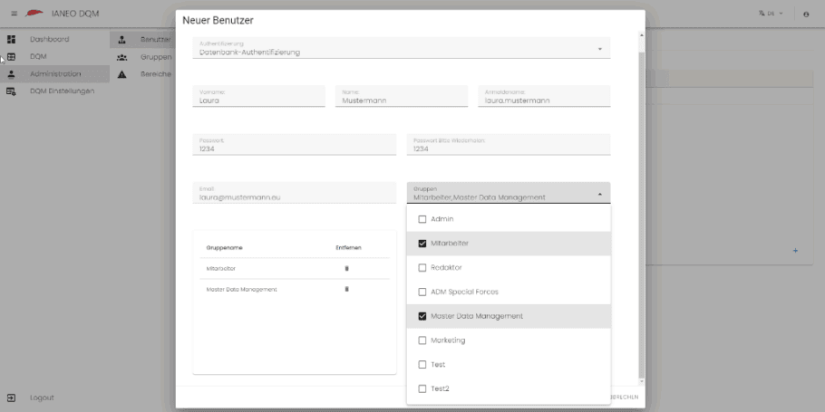 Screenshot aus dem Data Quality Tool von IANEO: Anlegen eines Benutzers