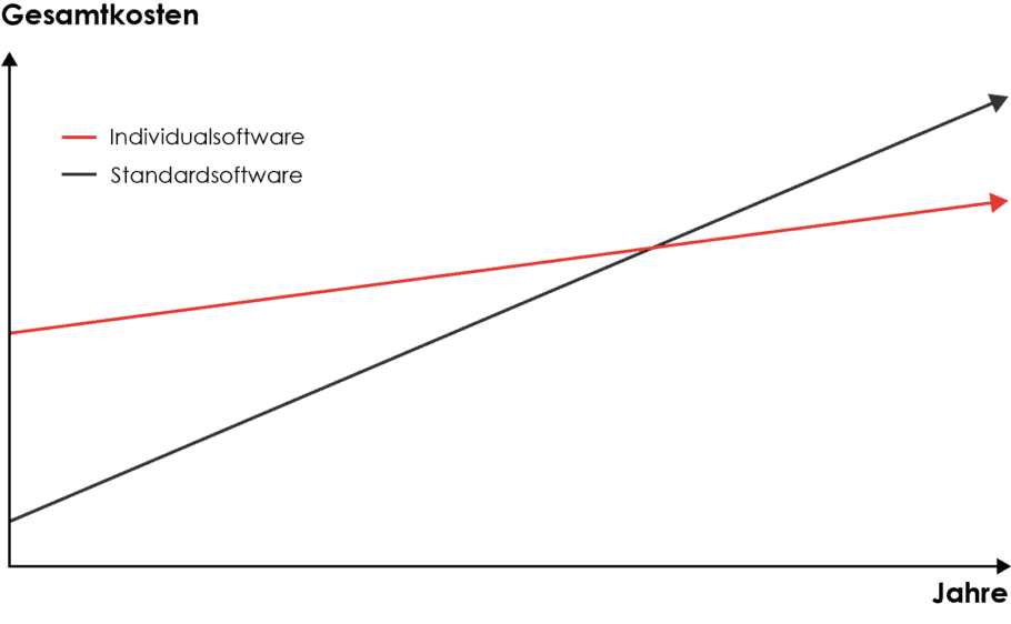Diagramm zum Kostenvergleich über mehrere Jahre: Individualsoftware verursacht langfristig geringere Gesamtkosten als Standardsoftware