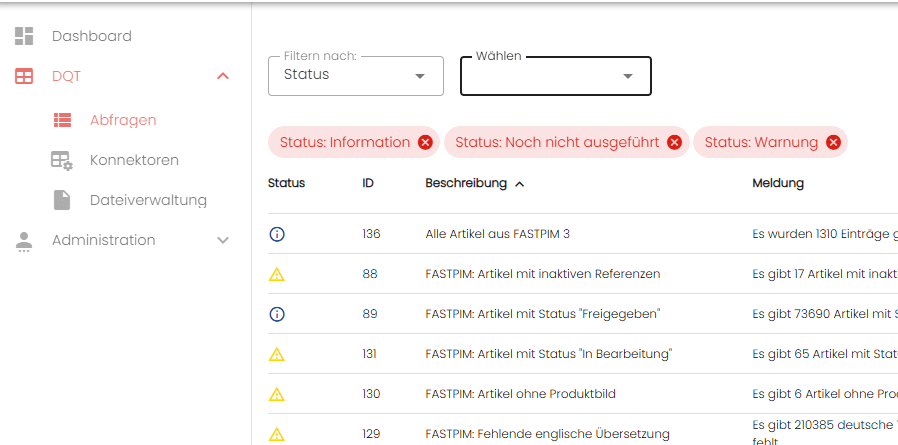 Screenshot aus dem Data Quality Tool von IANEO: DQT-Abfragen