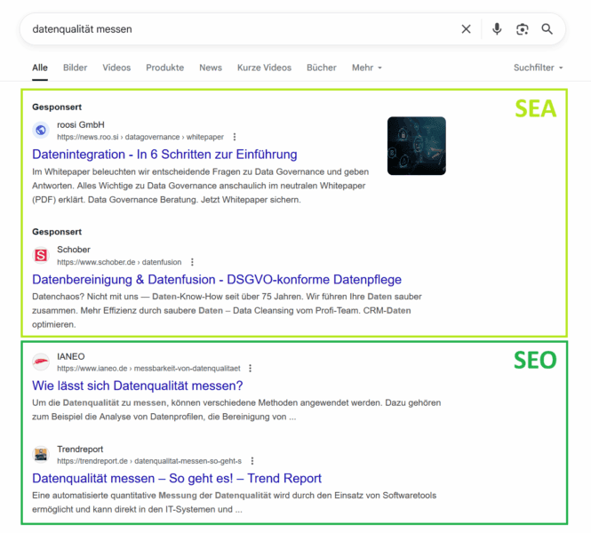 Screenshot der SERPs zur Unterscheidung von SEO und SEA