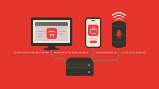 Illustration zum Headless-Commerce-Prinzip mit getrenntem Backend und mehreren Frontend-Kanälen