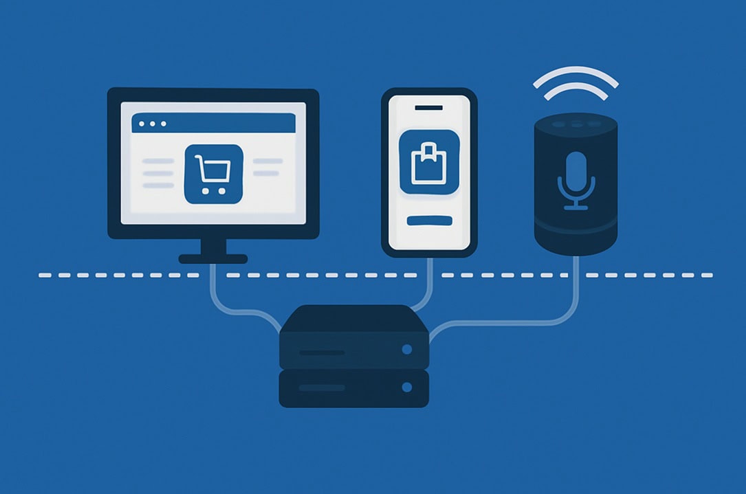 Illustration zum Headless-Commerce-Prinzip mit Shopware mit getrenntem Backend und mehreren Frontend-Kanälen