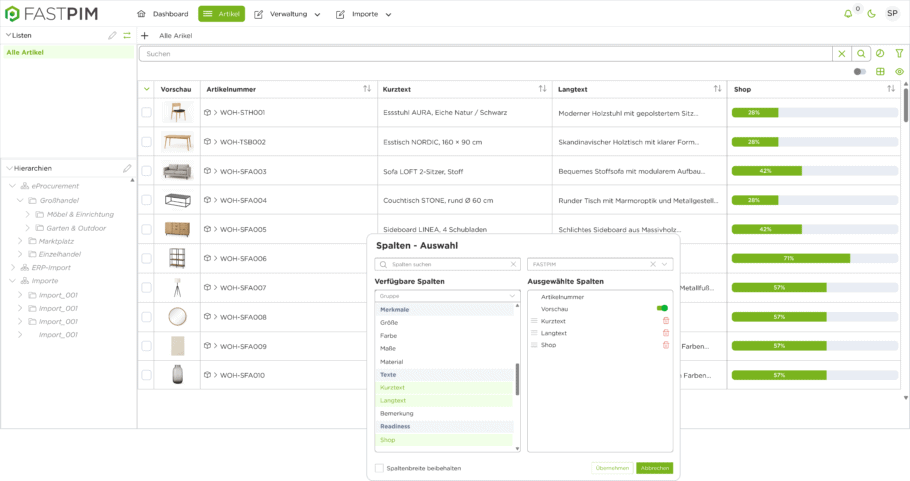 Screenshot der Oberfläche der PIM Software FASTPIM: Zusammenstellung und Auswahl der Spalten der Grid-Ansicht