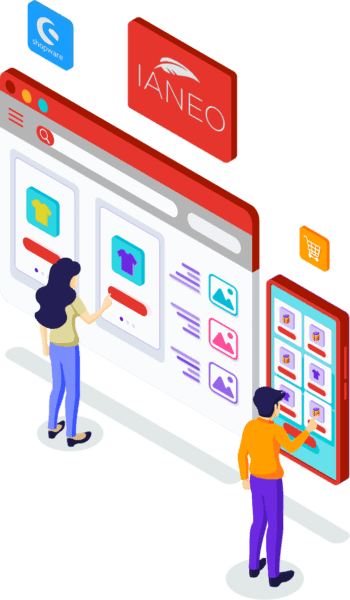 Isometrische Illustration eines Shopware-Onlineshops auf Desktop und Smartphone mit IANEO- und Shopware-Logo, in der zwei Personen Produkte auswählen und einkaufen