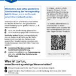 EU-Label „Gesetzliche Gewährleistung" – harmonisierte Verbrauchermitteilung mit blauem EU-Emblem. Hinweis auf mindestens zwei Jahre gesetzliche Gewährleistung für in der EU verkaufte Waren, Rechte bei mangelhaften Produkten (Nachbesserung, Ersatzlieferung, Preisminderung, Erstattung) sowie einen QR-Code zu länderspezifischen Informationen unter europa.eu/youreurope/garantien.