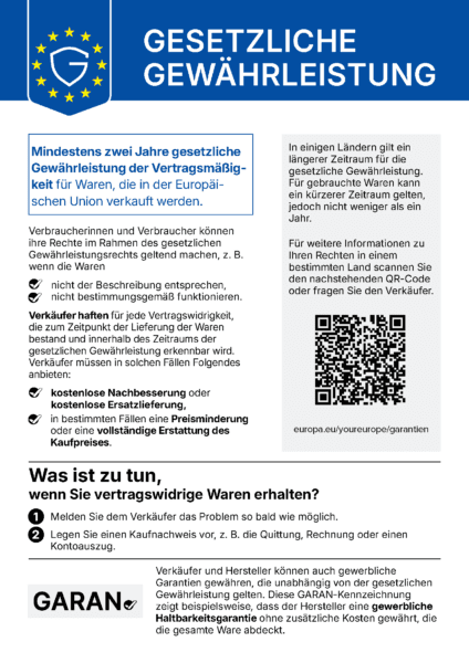 EU-Label „Gesetzliche Gewährleistung" – harmonisierte Verbrauchermitteilung mit blauem EU-Emblem. Hinweis auf mindestens zwei Jahre gesetzliche Gewährleistung für in der EU verkaufte Waren, Rechte bei mangelhaften Produkten (Nachbesserung, Ersatzlieferung, Preisminderung, Erstattung) sowie einen QR-Code zu länderspezifischen Informationen unter europa.eu/youreurope/garantien.