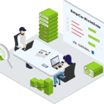 Isometrische Illustration: EmpCo-Richtlinie umsetzen - Team pflegt Produktdaten, Garantielabel und Umweltaussagen zentral mit dem EmpCo Data Manager.