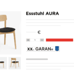 EmpCo-Richtlinie umsetzen mit dem EmpCo Data Manager: Beispielhafte Darstellung einer Shopware-Produktseite „Essstuhl AURA" mit harmonisiertem Garantielabel für die gewerbliche Haltbarkeitsgarantie.